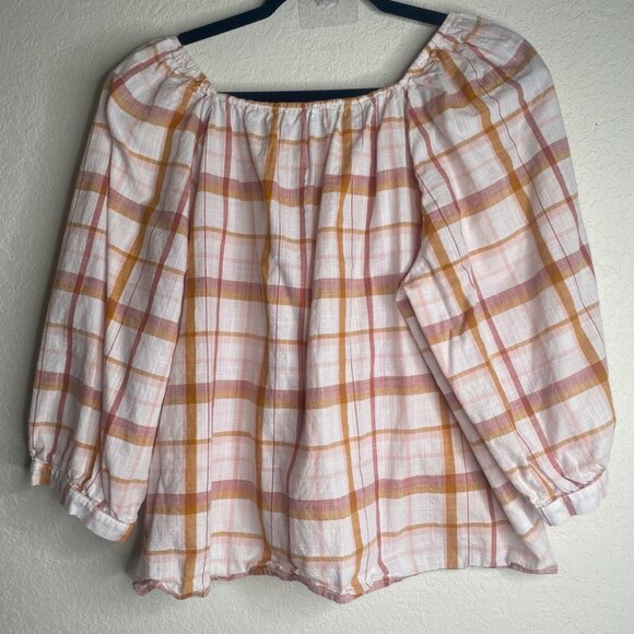 Loft Outlet Off-Shoulder Top Womens Size M Pink & Yellow Plaid Cotton Lightweigh - Picture 6 of 8